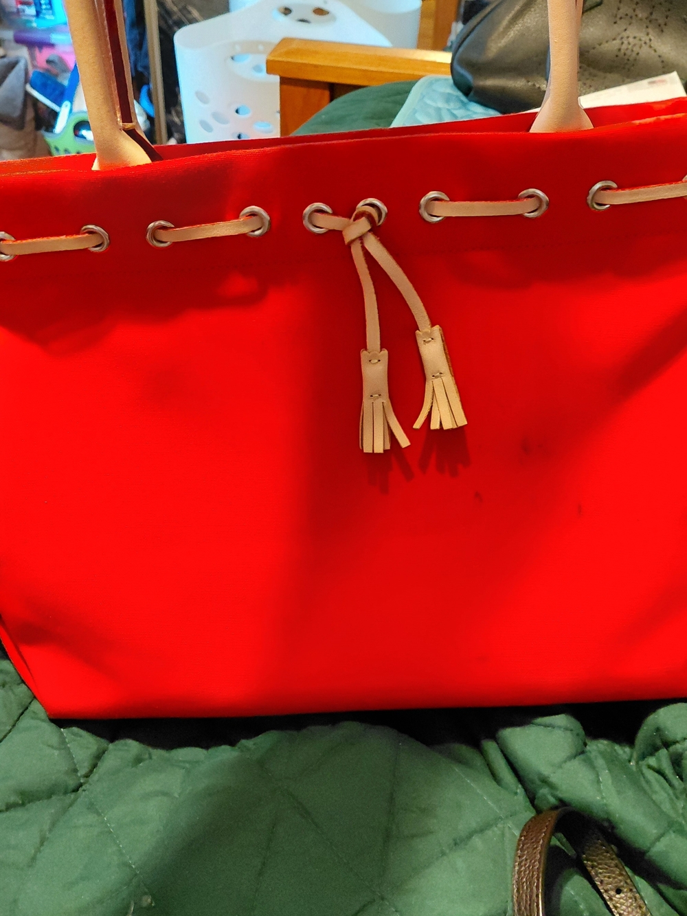Dooney & Bourke Red Tote with Beige Trim and Tassels